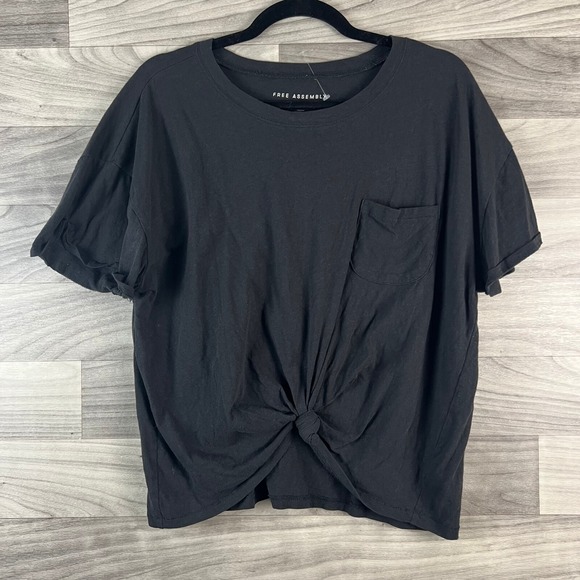 Free Assembly T-Shirt Women XL Solid Black Short Sleeve Pocket Cotton Knot Front - Picture 1 of 11